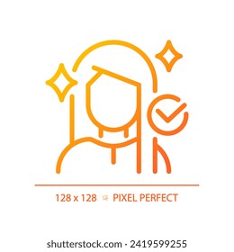 Mujer perfecta en píxeles 2D con un brillante icono de gradiente de peinado, vector aislado, cuidado de pelo delgado línea simple ilustración naranja.