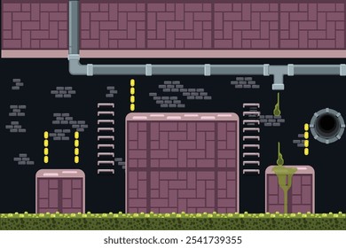 2d platform game side view adventure with style rounded block in sewer underground waste level three.