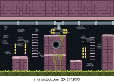 2d platform game side view adventure with style rounded block in sewer underground waste Level two