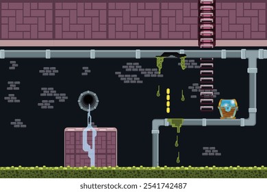 2d platform game side view adventure with style rounded block in sewer underground waste Level six