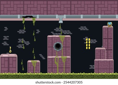 2d platform game side view adventure with style rounded block in sewer underground waste Level five