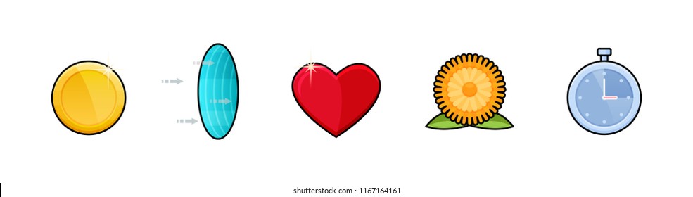 2D platform objects, game interface, bonuse in 8-bit game. Bonuses in form of gold coins, additional lifes, transition to next level, additional time, movement through the portal. Vector illustration.
