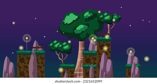 2d Platform Tileset sideview Jungle and rock mountains stage dusk time