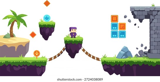 2D Platformer Game Level Design Elements and Character Assets