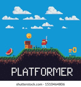 2d Platformer set for pixel art style game, isolated vector. 8 Bit cartoon game background, mobile game assets. Adventure arcade quest gameplay scene with ground, grass, sky, clouds, character.