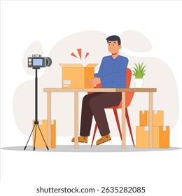 2D Podcast Illustration of Man Sitting at Desk with Camera and Equipment for Content Creation
