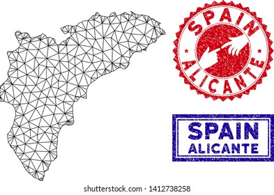 2D polygonal Alicante Province map and grunge seal stamps. Abstract lines and points form Alicante Province map vector model. Round red stamp with connecting hands.
