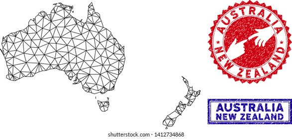 2D Polygonal Australia And New Zealand Map And Grunge Seal Stamps. Abstract Lines And Circle Dots Form Australia And New Zealand Map Vector Model. Round Red Stamp With Connecting Hands.