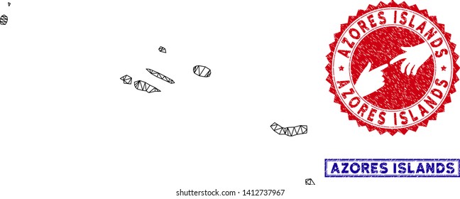 2D polygonal Azores Islands map and grunge seal stamps. Abstract lines and spheric points form Azores Islands map vector model. Round red stamp with connecting hands.