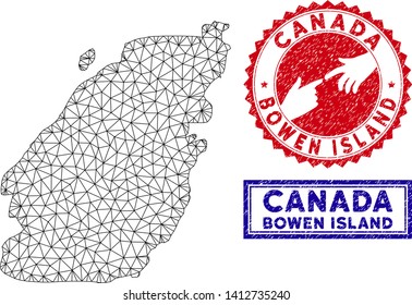 2D polygonal Bowen Island map and grunge seal stamps. Abstract lines and spheric points form Bowen Island map vector model. Round red stamp with connecting hands.