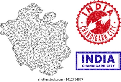 2D polygonal Chandigarh City map and grunge seal stamps. Abstract lines and small circles form Chandigarh City map vector model. Round red stamp with connecting hands.