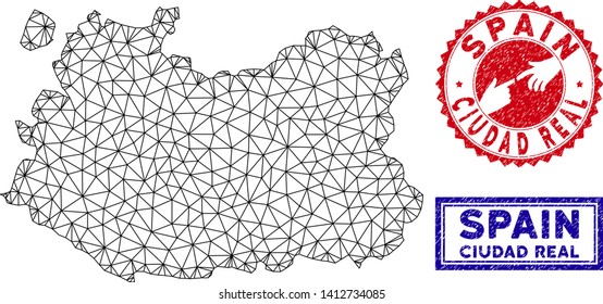 2D polygonal Ciudad Real Province map and grunge seal stamps. Abstract lines and points form Ciudad Real Province map vector model. Round red stamp with connecting hands.