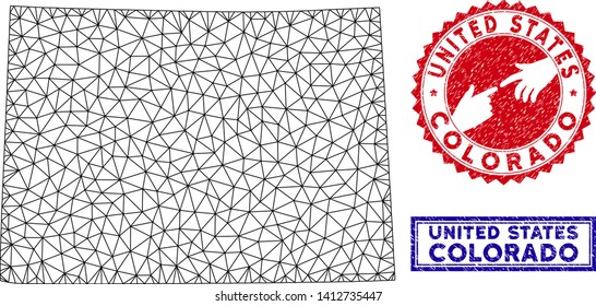 2D polygonal Colorado State map and grunge seal stamps. Abstract lines and dots form Colorado State map vector model. Round red stamp with connecting hands.