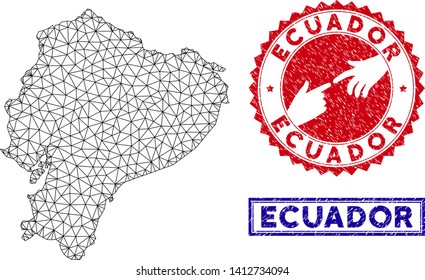 2D polygonal Ecuador map and grunge seal stamps. Abstract lines and spheric points form Ecuador map vector model. Round red stamp with connecting hands.