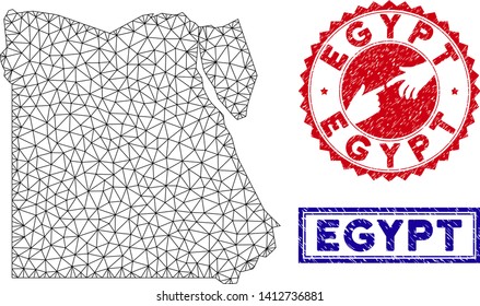 2D polygonal Egypt map and grunge seal stamps. Abstract lines and small circles form Egypt map vector model. Round red stamp with connecting hands.