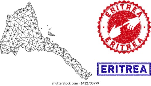 2D polygonal Eritrea map and grunge seal stamps. Abstract lines and dots form Eritrea map vector model. Round red stamp with connecting hands.