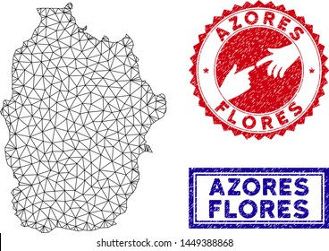 2D polygonal Flores Island of Azores map and grunge seal stamps. Abstract lines and small circles form Flores Island of Azores map vector model. Round red stamp with connecting hands.