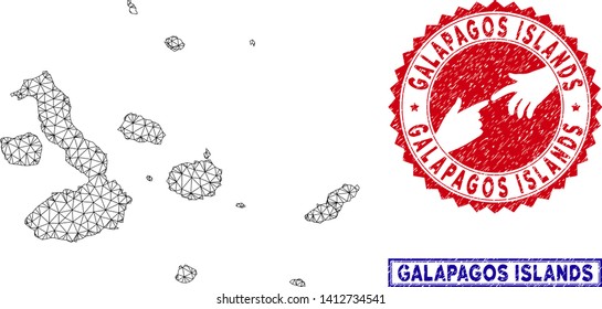 2D polygonal Galapagos Islands map and grunge seal stamps. Abstract lines and points form Galapagos Islands map vector model. Round red stamp with connecting hands.