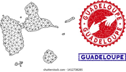 2D polygonal Guadeloupe map and grunge seal stamps. Abstract lines and circle dots form Guadeloupe map vector model. Round red stamp with connecting hands.