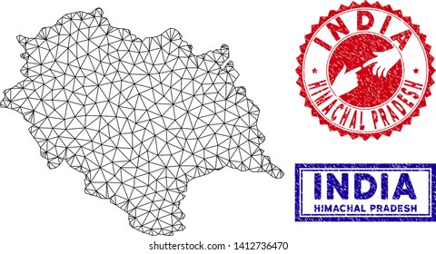 2D polygonal Himachal Pradesh State map and grunge seal stamps. Abstract lines and points form Himachal Pradesh State map vector model. Round red stamp with connecting hands.