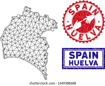2D polygonal Huelva Province map and grunge seal stamps. Abstract lines and circle dots form Huelva Province map vector model. Round red stamp with connecting hands.