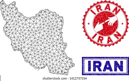 2D polygonal Iran map and grunge seal stamps. Abstract lines and points form Iran map vector model. Round red stamp with connecting hands.
