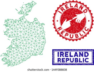 2D polygonal Ireland Republic map and grunge seal stamps. Abstract lines and small circles form Ireland Republic map vector model. Round red stamp with connecting hands.