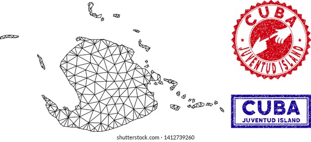 2D polygonal Juventud Island map and grunge seal stamps. Abstract lines and small circles form Juventud Island map vector model. Round red stamp with connecting hands.