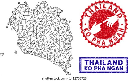 2D polygonal Ko Pha Ngan map and grunge seal stamps. Abstract lines and small circles form Ko Pha Ngan map vector model. Round red stamp with connecting hands.
