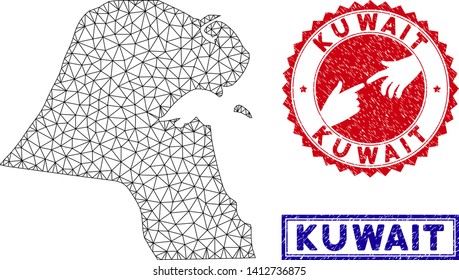 2D polygonal Kuwait map and grunge seal stamps. Abstract lines and points form Kuwait map vector model. Round red stamp with connecting hands.