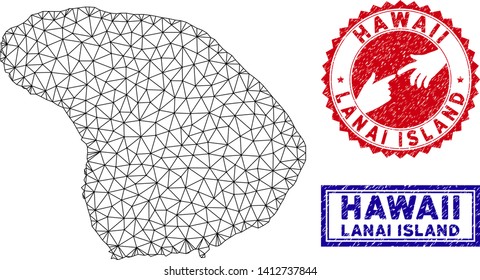 2D polygonal Lanai Island map and grunge seal stamps. Abstract lines and small circles form Lanai Island map vector model. Round red stamp with connecting hands.
