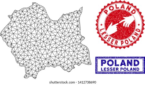 2D polygonal Lesser Poland Voivodeship map and grunge seal stamps. Abstract lines and small circles form Lesser Poland Voivodeship map vector model. Round red stamp with connecting hands.