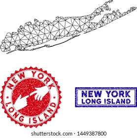 2D polygonal Long Island map and grunge seal stamps. Abstract lines and spheric points form Long Island map vector model. Round red stamp with connecting hands.