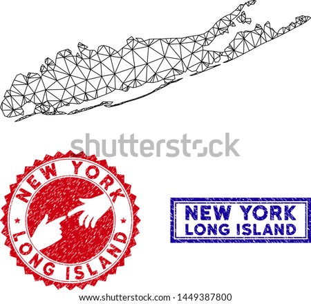 2D polygonal Long Island map and grunge seal stamps. Abstract lines and spheric points form Long Island map vector model. Round red stamp with connecting hands.