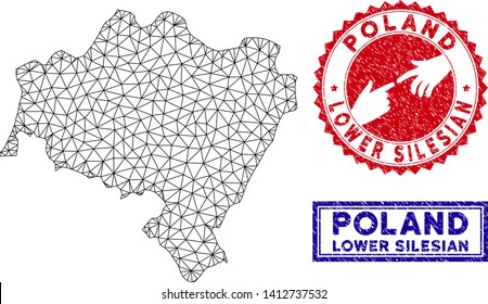 2D polygonal Lower Silesian Voivodeship map and grunge seal stamps. Abstract lines and dots form Lower Silesian Voivodeship map vector model. Round red stamp with connecting hands.