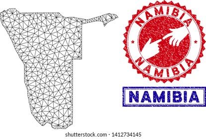2D polygonal Namibia map and grunge seal stamps. Abstract lines and circle dots form Namibia map vector model. Round red stamp with connecting hands.