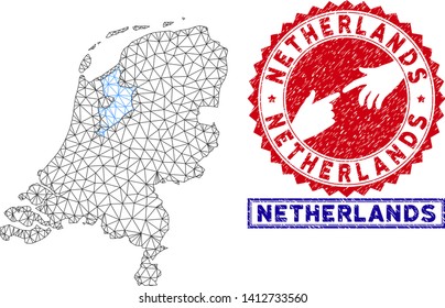 2D polygonal Netherlands map and grunge seal stamps. Abstract lines and small circles form Netherlands map vector model. Round red stamp with connecting hands.