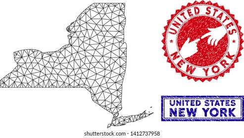2D polygonal New York State map and grunge seal stamps. Abstract lines and dots form New York State map vector model. Round red stamp with connecting hands.