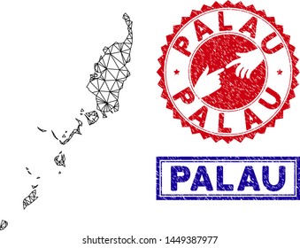 2D polygonal Palau map and grunge seal stamps. Abstract lines and dots form Palau map vector model. Round red stamp with connecting hands.