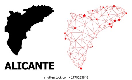 2D polygonal and solid map of Alicante Province. Vector structure is created from map of Alicante Province with red stars. Abstract lines and stars are combined into map of Alicante Province.