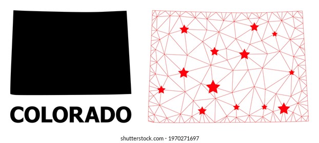 2D polygonal and solid map of Colorado State. Vector structure is created from map of Colorado State with red stars. Abstract lines and stars are combined into map of Colorado State.