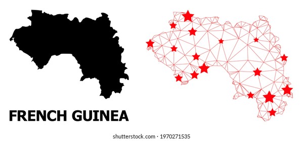 2D polygonal and solid map of French Guinea. Vector structure is created from map of French Guinea with red stars. Abstract lines and stars form map of French Guinea.