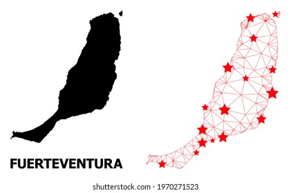 2D polygonal and solid map of Fuerteventura Island. Vector structure is created from map of Fuerteventura Island with red stars. Abstract lines and stars form map of Fuerteventura Island.