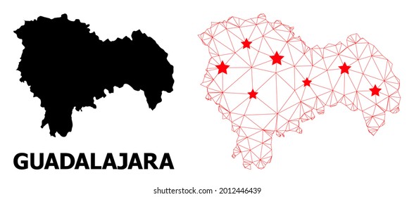 2D polygonal and solid map of Guadalajara Province. Vector structure is created from map of Guadalajara Province with red stars. Abstract lines and stars form map of Guadalajara Province.