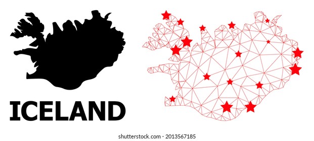 2D polygonal and solid map of Iceland. Vector model is created from map of Iceland with red stars. Abstract lines and stars form map of Iceland. Wire carcass 2D triangular network in vector format.