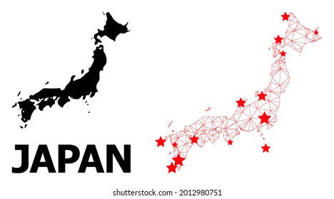 2D Polygonal And Solid Map Of Japan. Vector Model Is Created From Map Of Japan With Red Stars. Abstract Lines And Stars Form Map Of Japan. Wire Frame 2D Polygonal Mesh In Vector EPS Format.