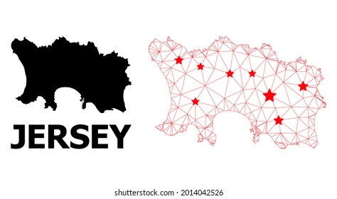 2D polygonal and solid map of Jersey Island. Vector structure is created from map of Jersey Island with red stars. Abstract lines and stars are combined into map of Jersey Island.