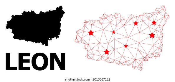 2D polygonal and solid map of Leon Province. Vector structure is created from map of Leon Province with red stars. Abstract lines and stars form map of Leon Province.
