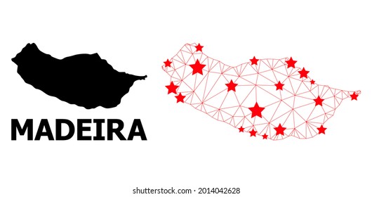 2D polygonal and solid map of Madeira Island. Vector model is created from map of Madeira Island with red stars. Abstract lines and stars are combined into map of Madeira Island.