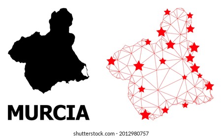 2D polygonal und solide Karte der Provinz Murcia. Vektormodell wird aus Karte der Provinz Murcia mit roten Sternen erstellt. Abstrakte Linien und Sterne werden zu einer Karte der Provinz Murcia zusammengefasst.